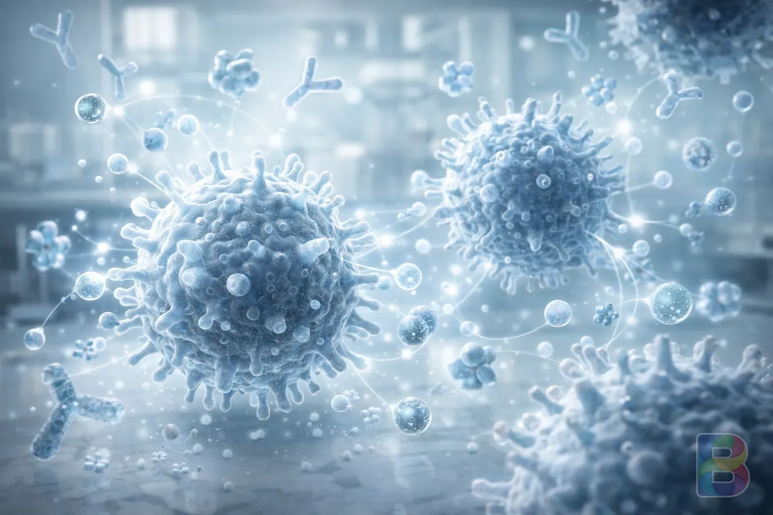photorealistic, scientific illustration of immune cells interacting with molecules, clean laboratory aesthetic, soft blue and white tones, cinematic lighting, high tech