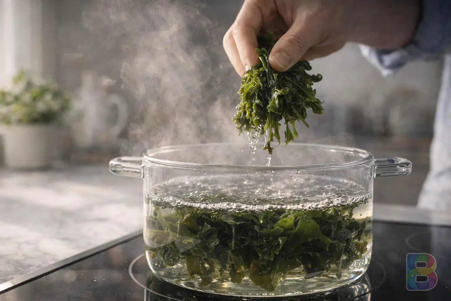 photorealistic, detail shot of a person adding sea mustard ear to a clear glass pot of simmering water, steam rising, soft kitchen lighting, cinematic atmosphere