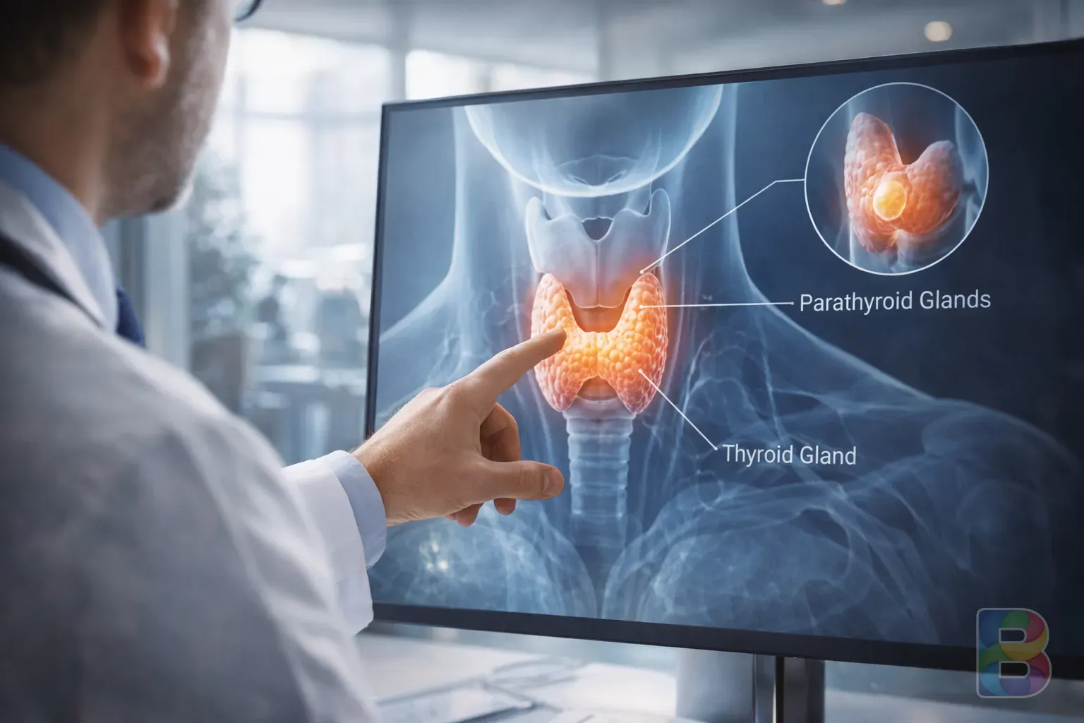 photorealistic, doctor pointing at a thyroid diagram on a screen in a bright modern office, professional atmosphere, cinematic lighting, shallow depth of field