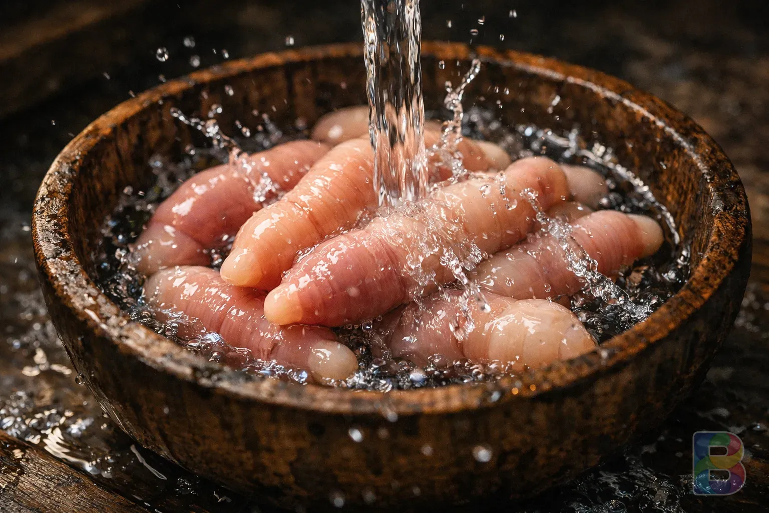 photorealistic, detail shot of Gaebul being washed under cold running water in a rustic wooden bowl, water splashes, fresh and clean mood, cinematic lighting