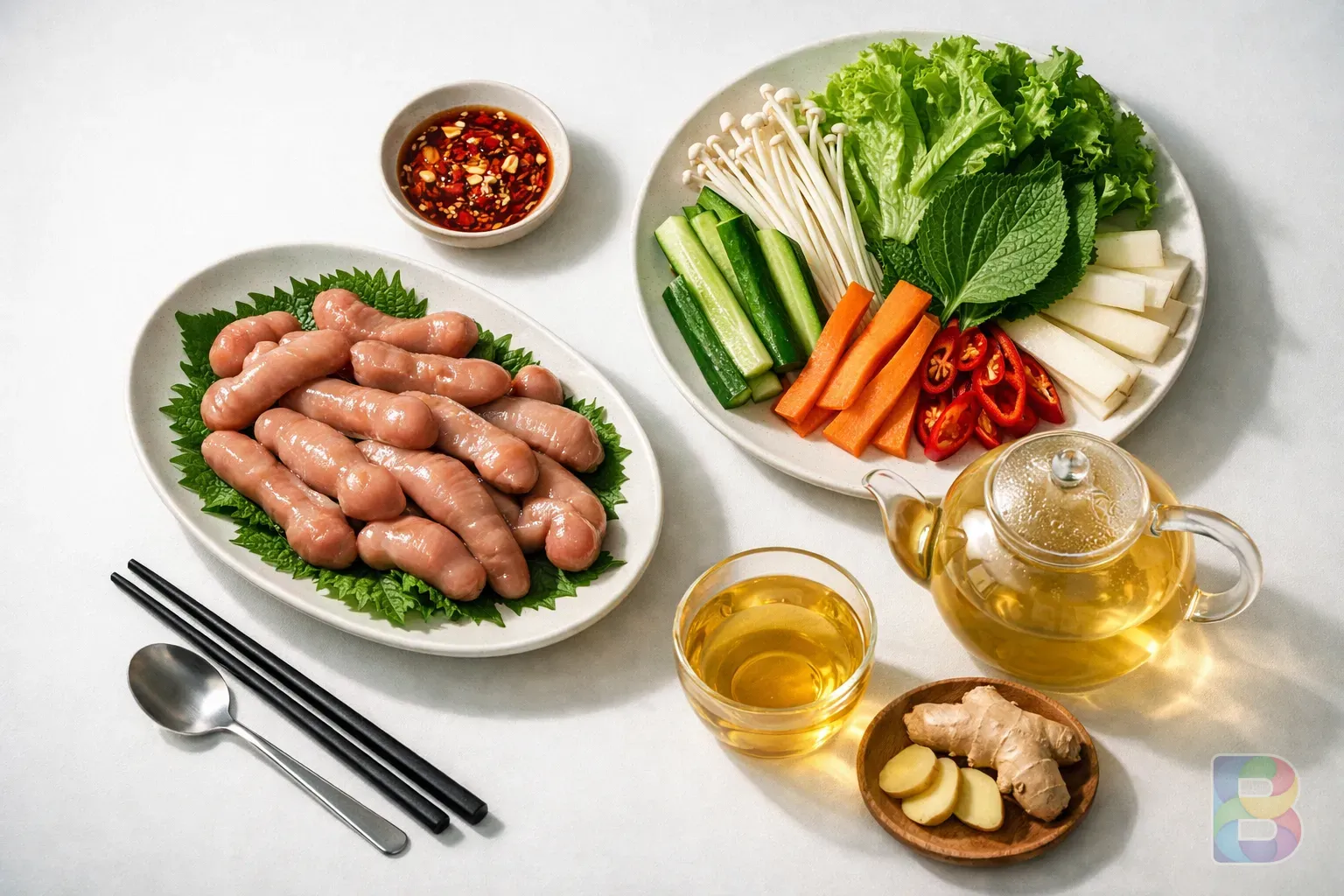 photorealistic, overhead shot of a healthy meal including Gaebul, fresh vegetables, and ginger tea, clean white background, soft shadows, magazine style