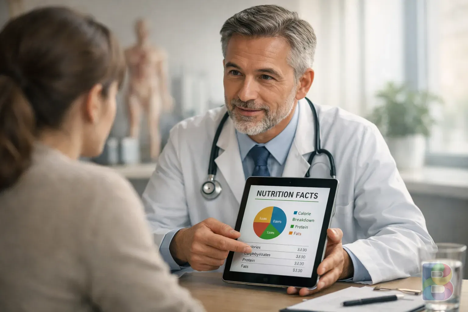 photorealistic, professional medical setting, a doctor explaining nutritional facts on a tablet, bright clean office, reassuring mood