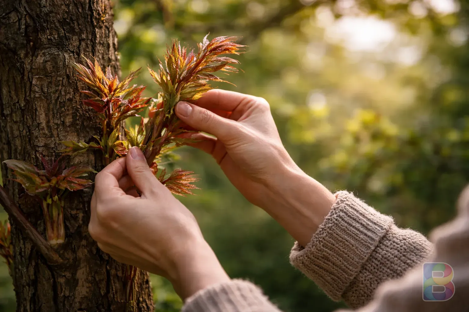 photorealistic, detail shot of a person picking fresh reddish sprouts from a tall tree, spring garden background, natural lighting, moody and calm atmosphere