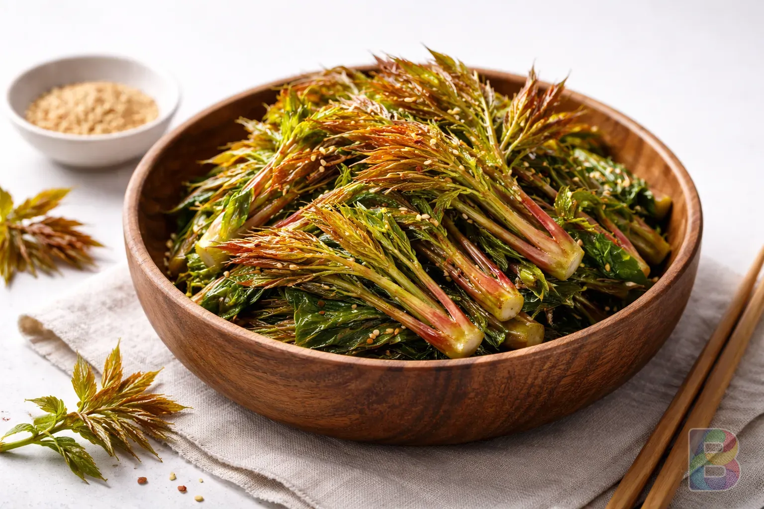 photorealistic, a wooden bowl filled with blanched gajuk-namul, garnished with sesame seeds, clean white background, high-end food photography, soft shadows
