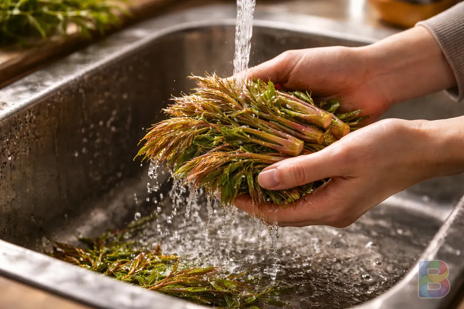 photorealistic, hands carefully washing green sprouts under running water in a kitchen sink, water droplets, fresh and clean feeling, cinematic lighting