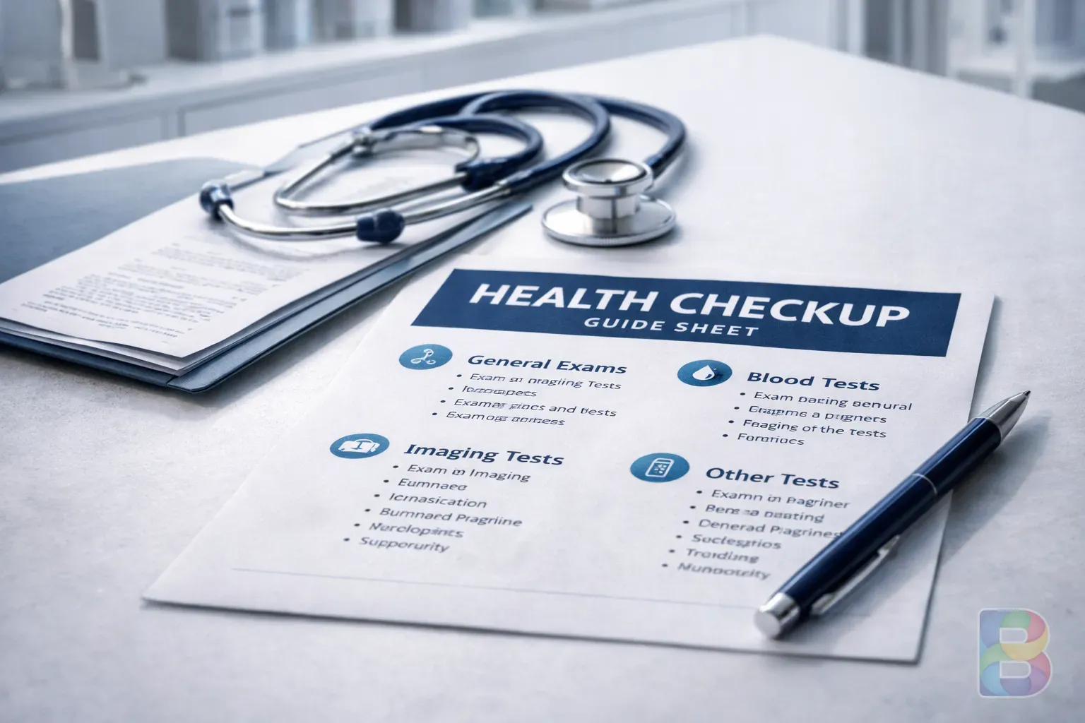 photorealistic, a detailed guide sheet for health checkup on a medical desk with a stethoscope, bright and professional medical environment
