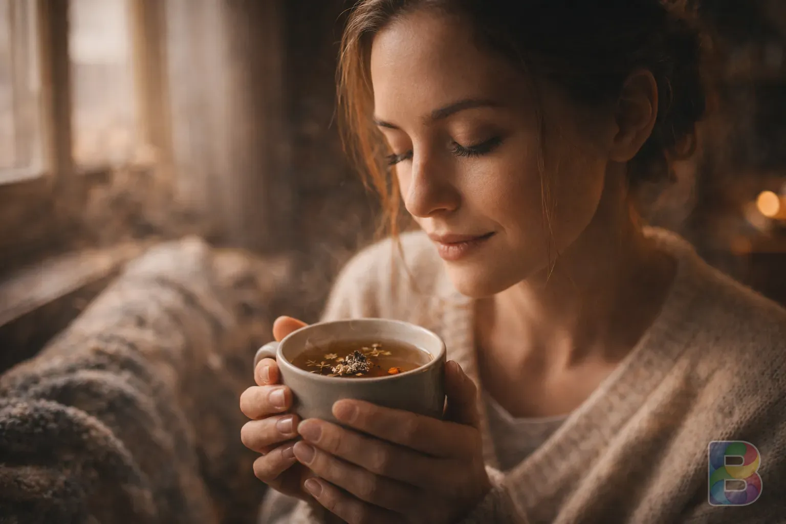 photorealistic, high detail shot of a woman looking peaceful, holding a warm cup of herbal tea, soft window light, cozy interior, cinematic lighting