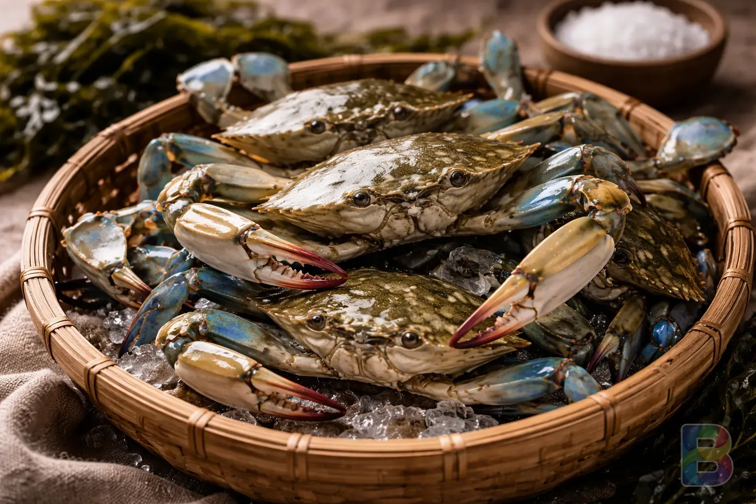 photorealistic, close-up of fresh blue crabs in a wooden basket, sea salt and seaweed in the background, bright natural lighting, fresh and organic atmosphere