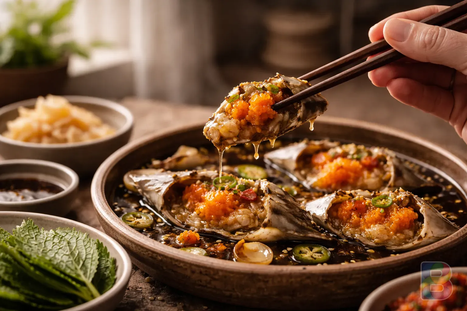 photorealistic, a person carefully picking up a piece of crab with chopsticks, small side dishes like ginger and perilla leaves, soft natural window light, calm dining scene