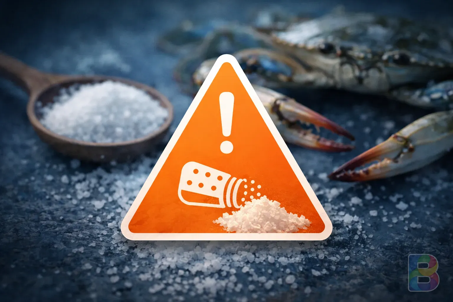 photorealistic, a clinical warning sign icon overlaying a blurry image of salt and a crab, cool blue and warning orange tones, professional and cautionary mood