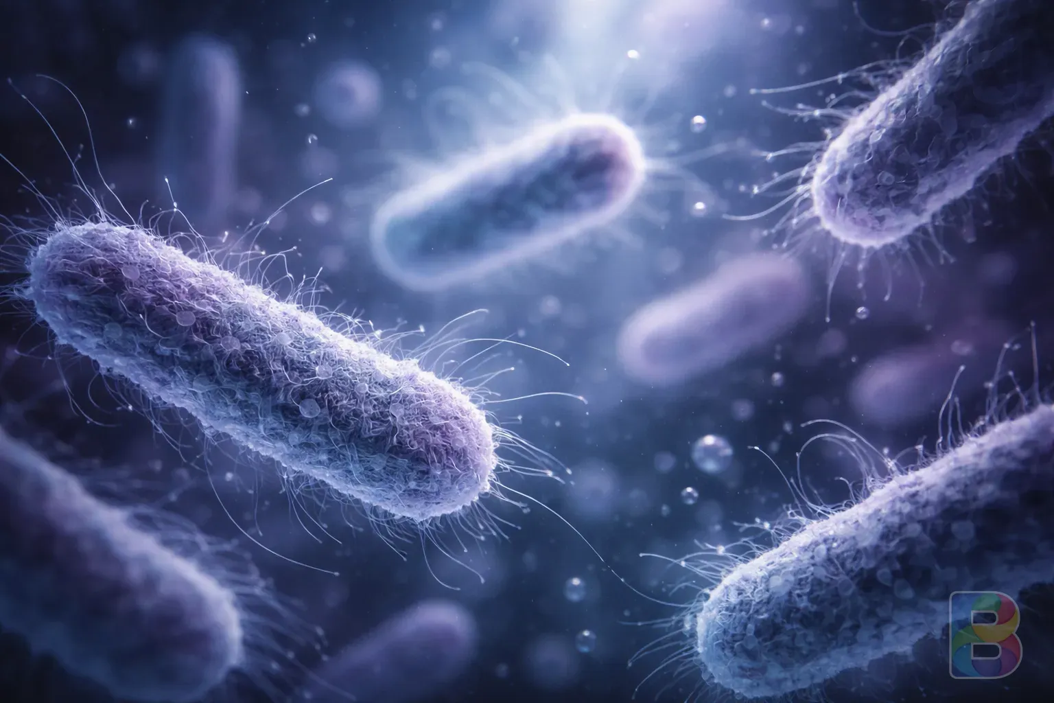 photorealistic, microscopic view of bacteria in a fluid environment, soft blue and purple lighting, scientific but artistic visualization, cinematic lighting