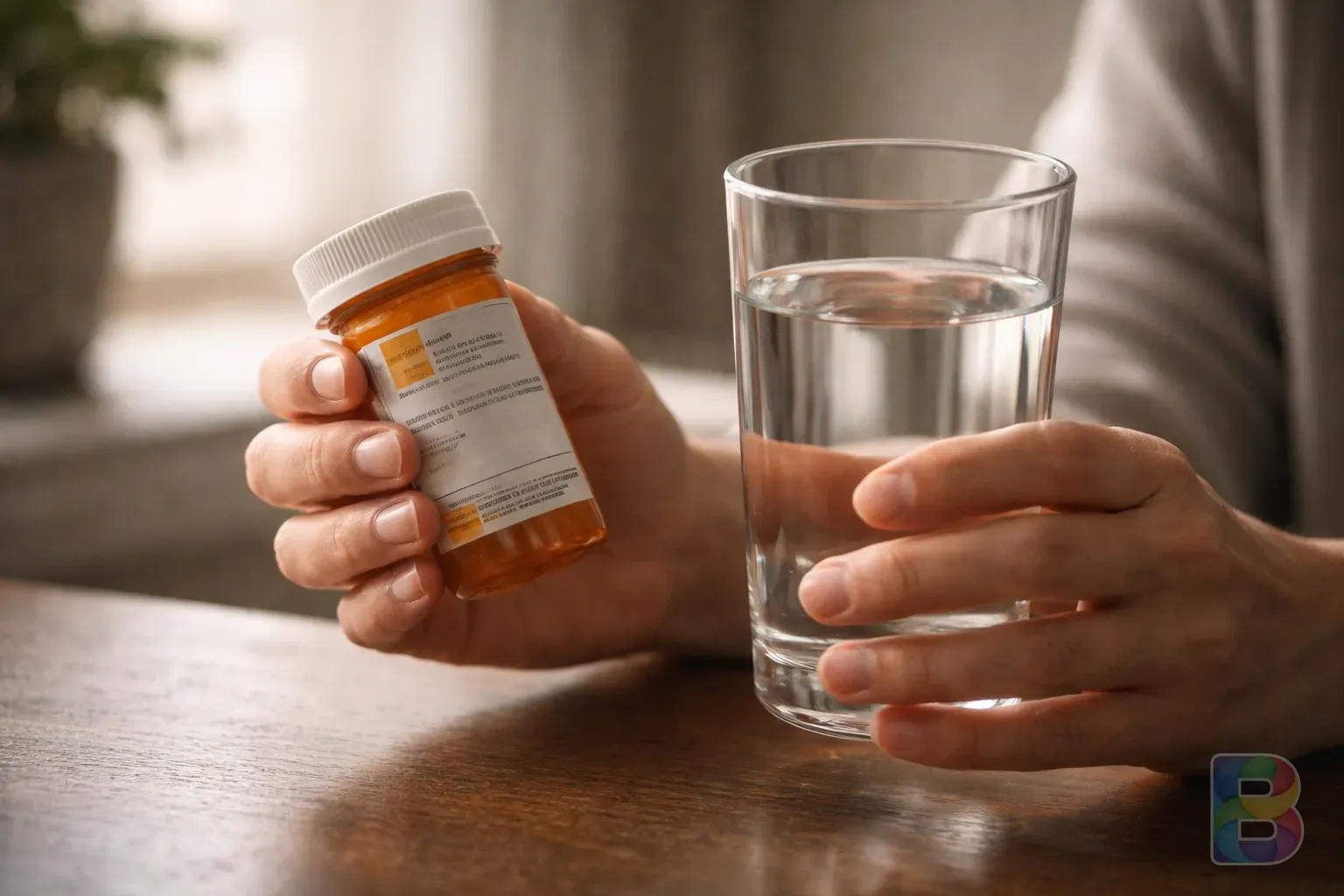 photorealistic, a pair of hands holding a prescription pill bottle and a glass of water, soft indoor lighting, calm and clean mood, cinematic lighting
