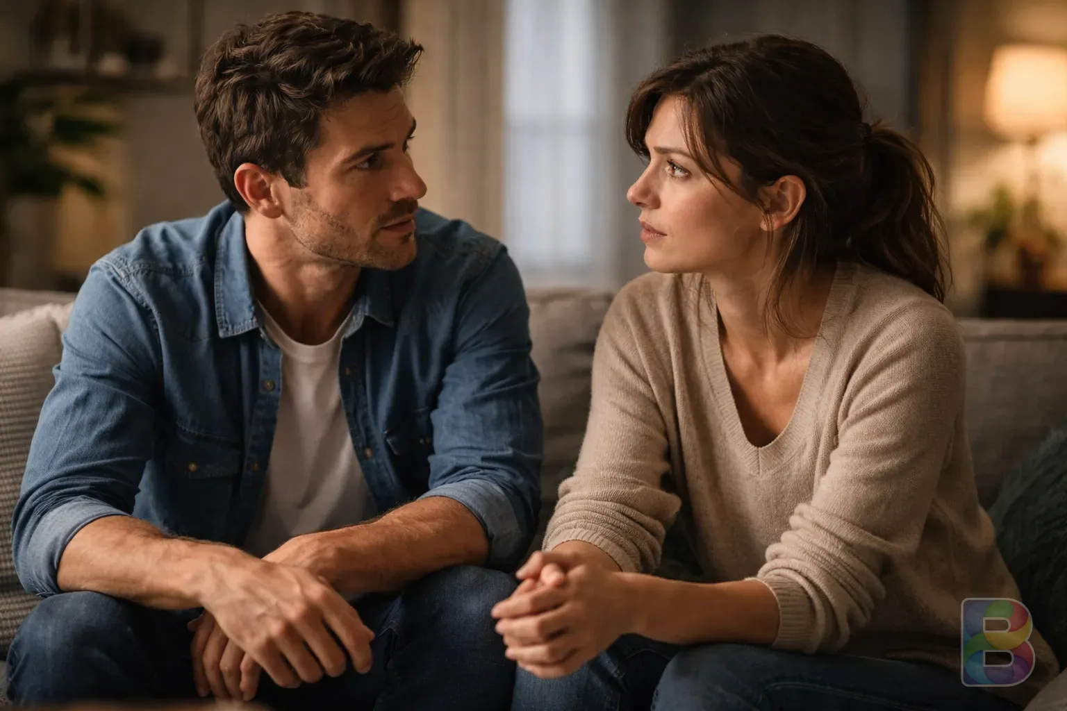 photorealistic, a couple sitting on a sofa talking seriously but calmly, soft domestic lighting, empathetic mood, cinematic lighting