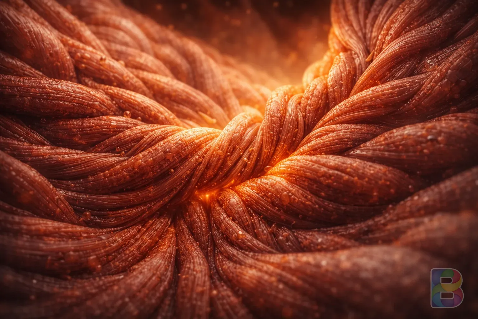 photorealistic, microscopic view of stomach muscle fibers contracting, warm amber lighting, medical visualization, high quality, 8k