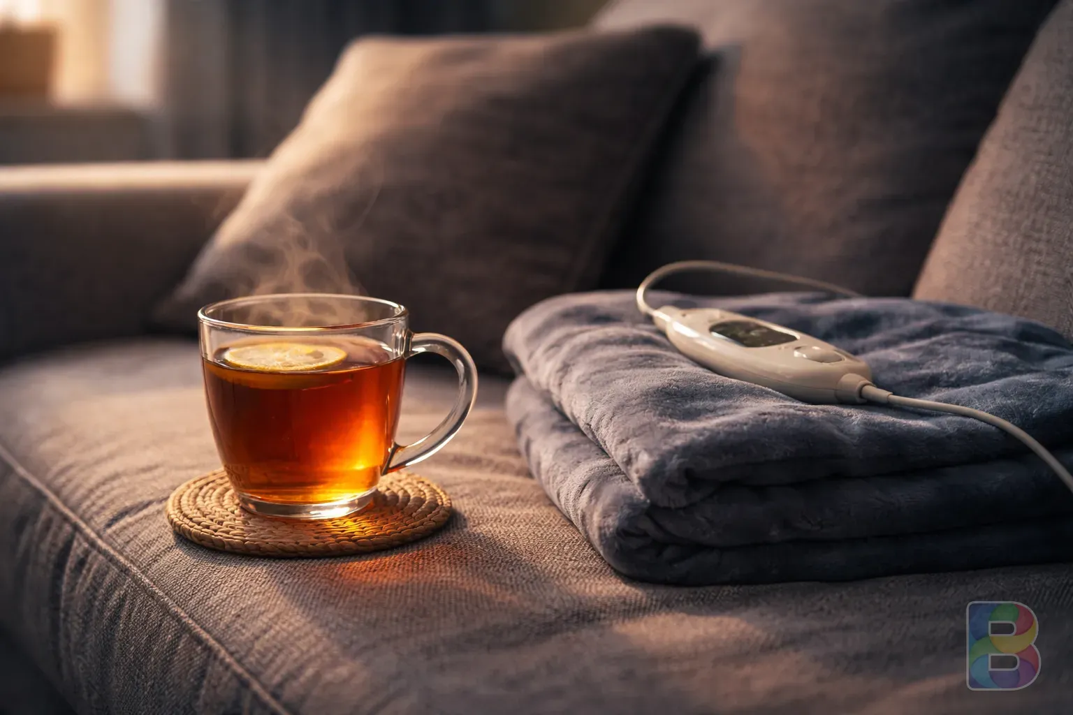 photorealistic, close-up of a glass of warm tea and a soft heating pad on a sofa, cozy home medical care mood, cinematic lighting, soft focus