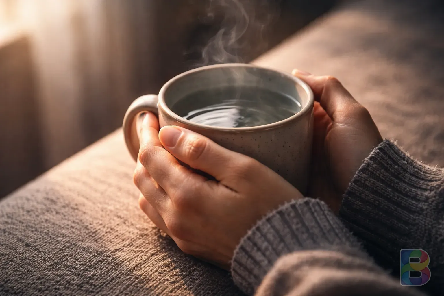 photorealistic, hands holding a warm ceramic mug of water, soft morning light hitting the hands, peaceful healing atmosphere, cinematic lighting