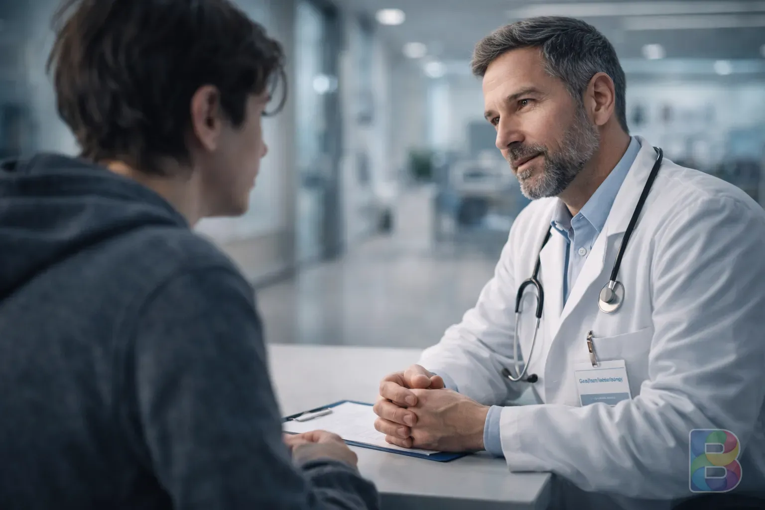 photorealistic, professional gastrointestinal doctor consulting with a patient in a modern hospital setting, clinical and clean environment, reassuring vibe, shallow depth of field