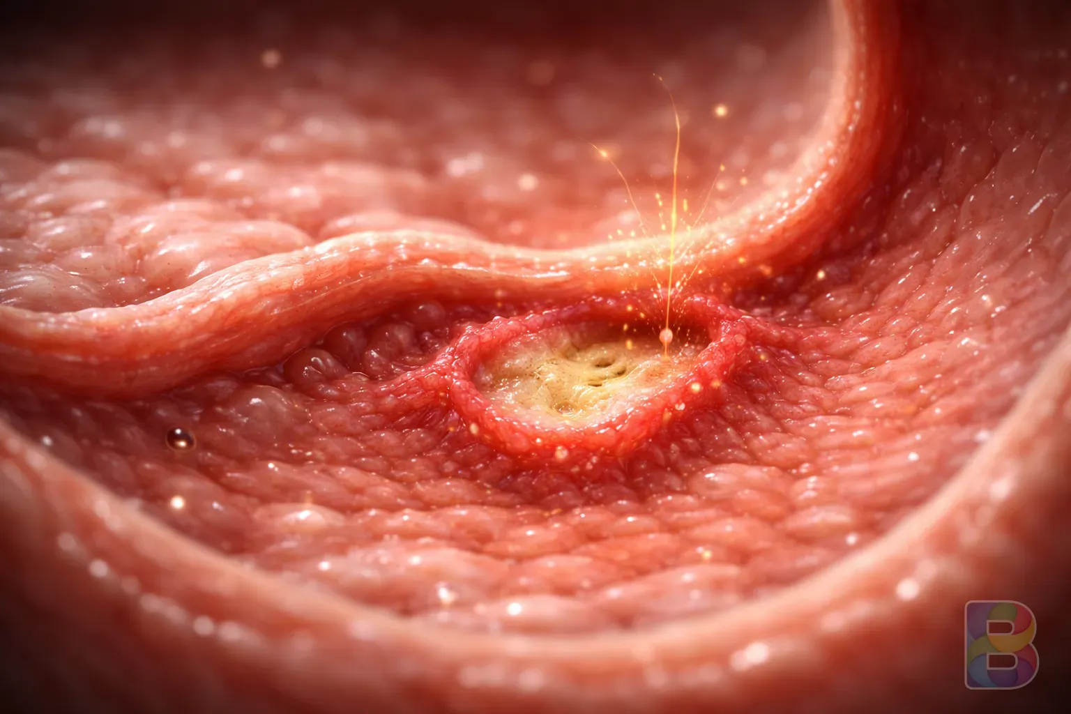 photorealistic, macro shot of stomach lining illustration showing a small ulcer, clinical yet artistic representation, soft focus, high detail