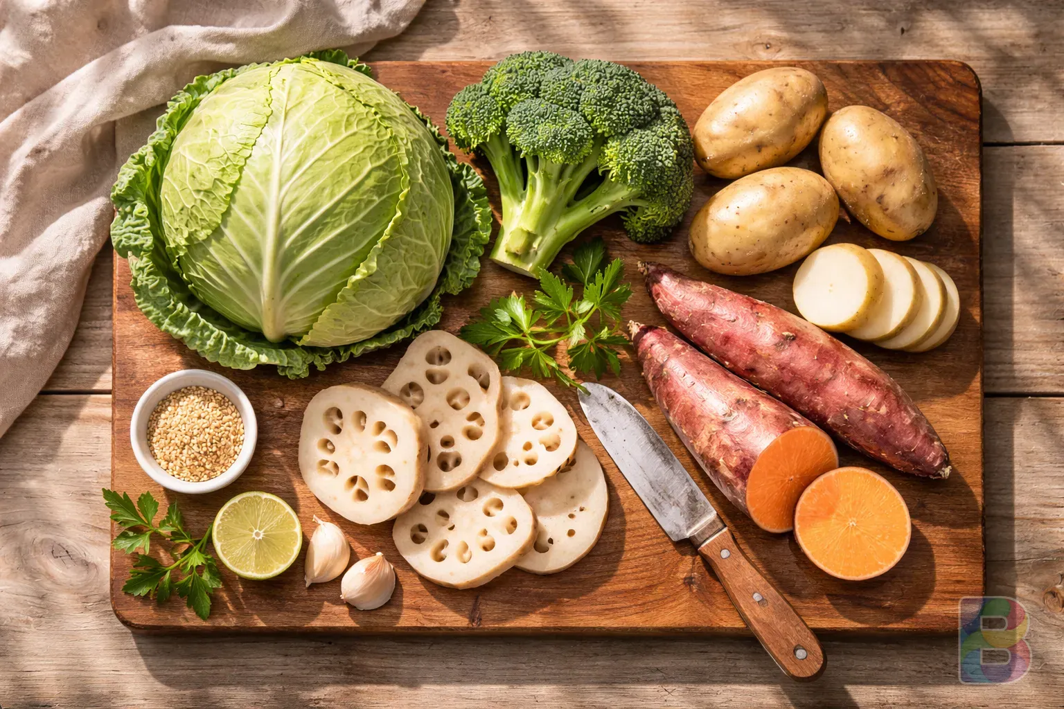 photorealistic, flat lay of fresh cabbage, broccoli, potatoes, lotus root, and yam on a wooden cutting board, bright natural light, clean and healthy vibe