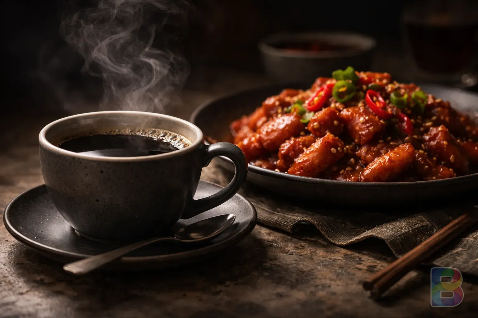 photorealistic, close-up of a steaming cup of black coffee and a plate of spicy red food, dark background, cinematic lighting, cautionary mood