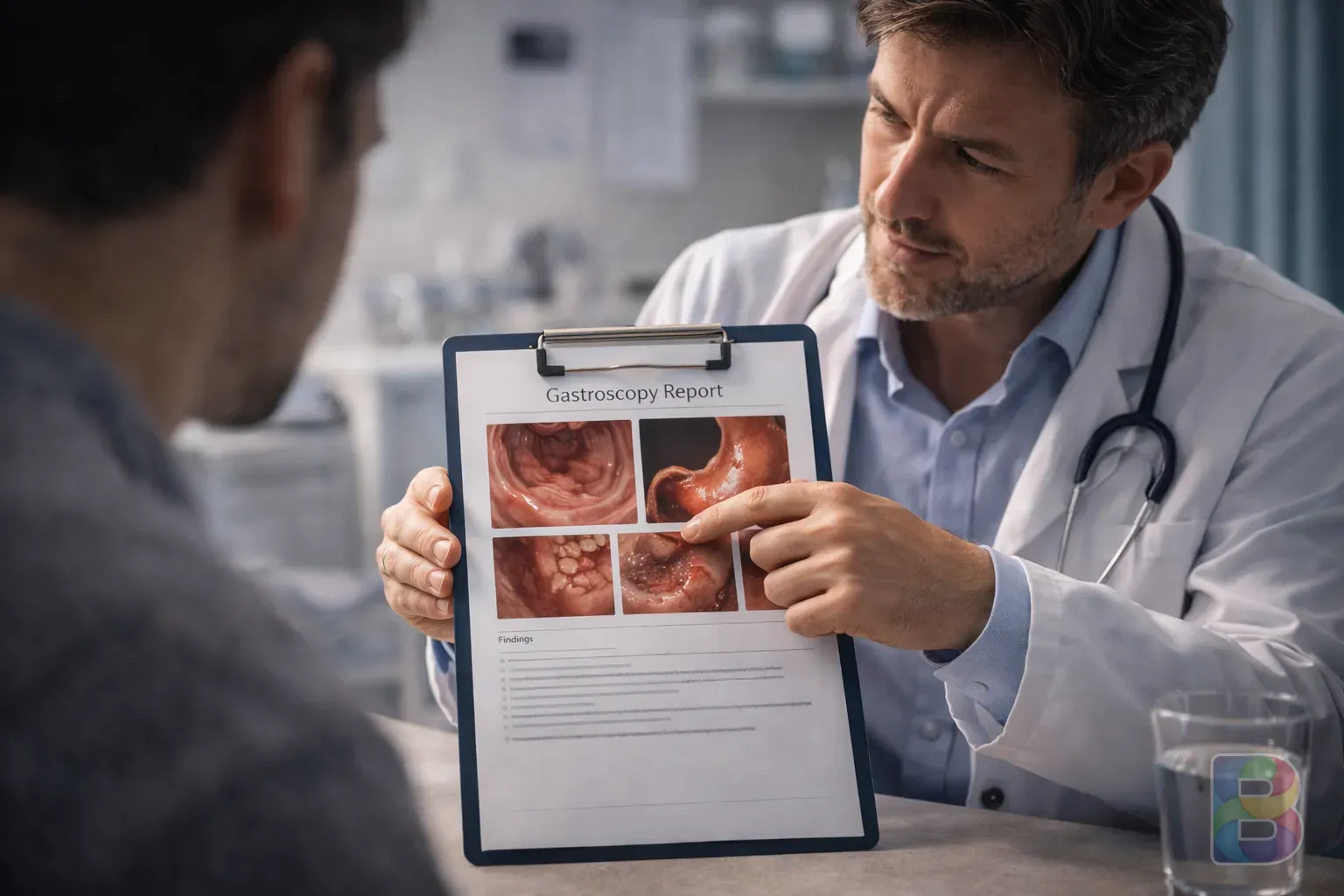 photorealistic, professional doctor showing a gastroscopy report to a patient, clean clinical environment, reassuring and clear communication, cinematic lighting