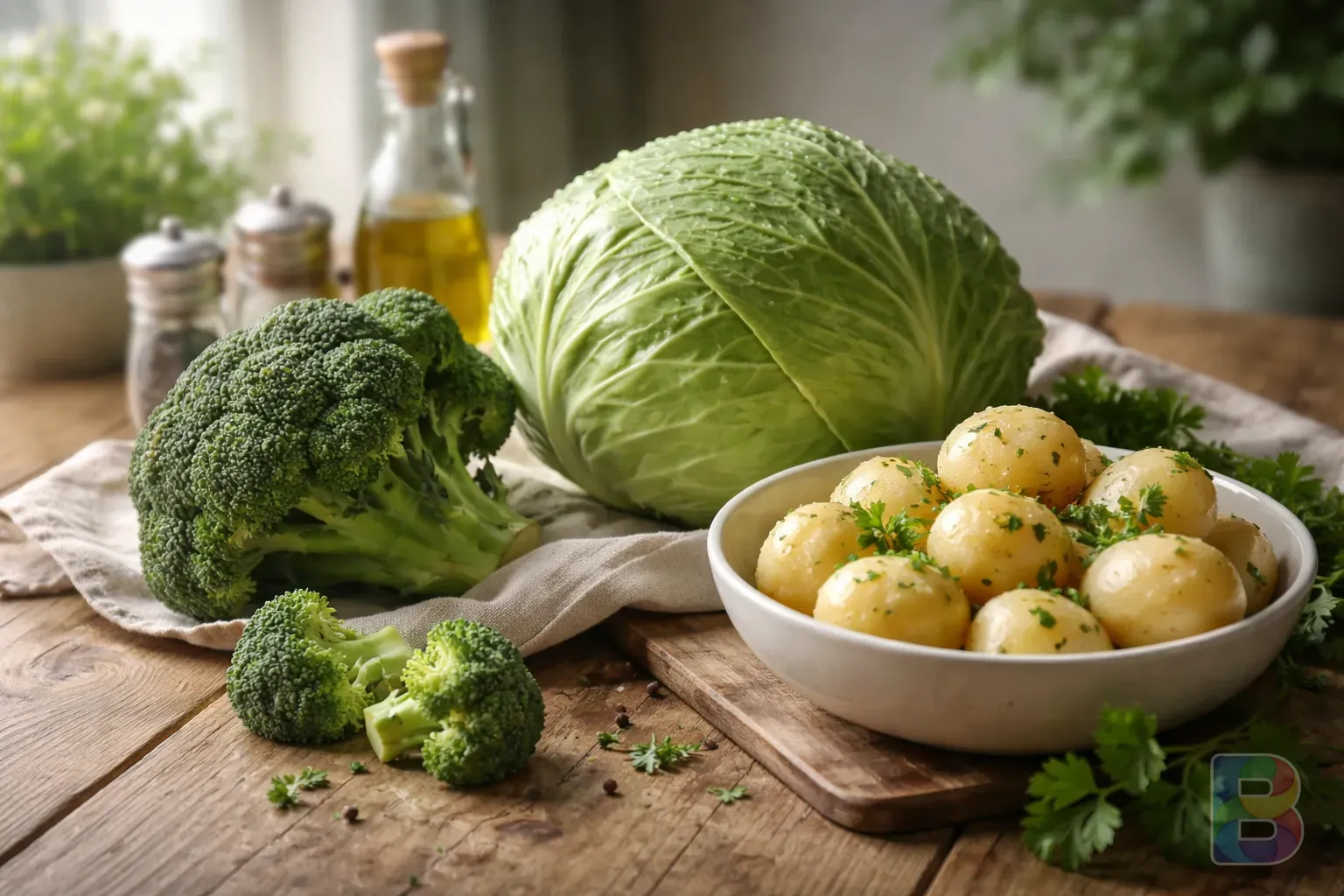 photorealistic, fresh organic cabbage, broccoli, and boiled potatoes on a clean wooden table, soft natural lighting, airy and healthy atmosphere