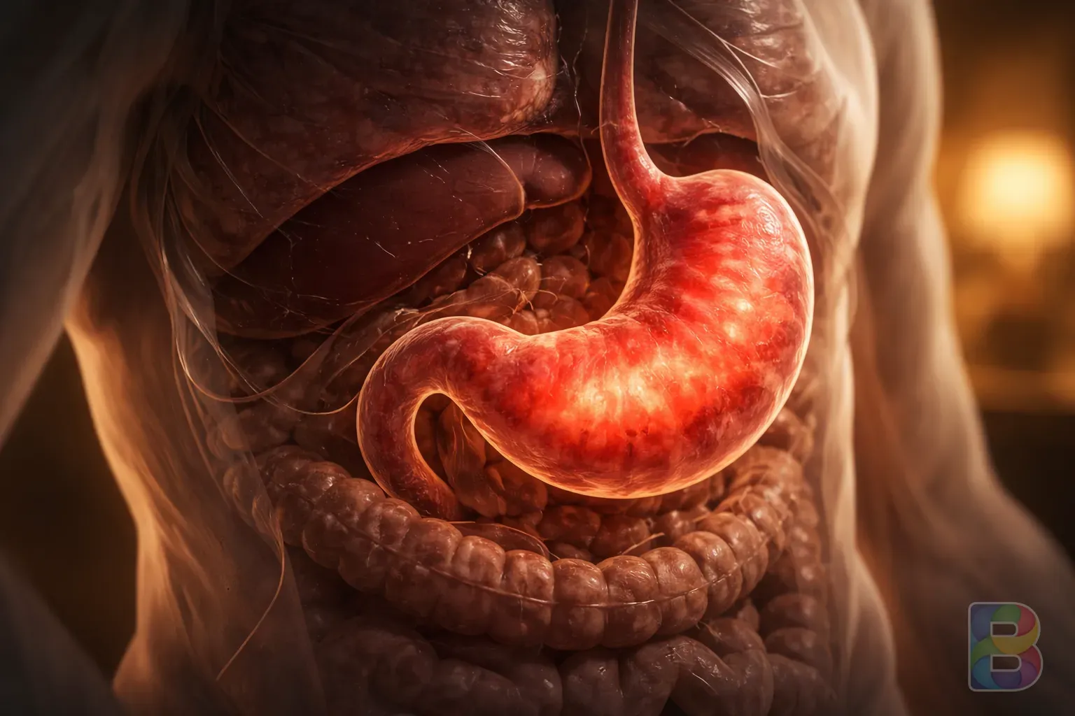 photorealistic, anatomical visualization of a stomach with a soft red glow indicating inflammation, medical illustration style, cinematic lighting, high resolution