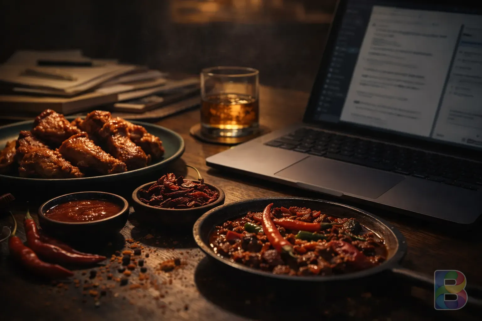 photorealistic, a variety of spicy foods and a glass of alcohol next to a stressful work laptop, moody lighting, cinematic setup