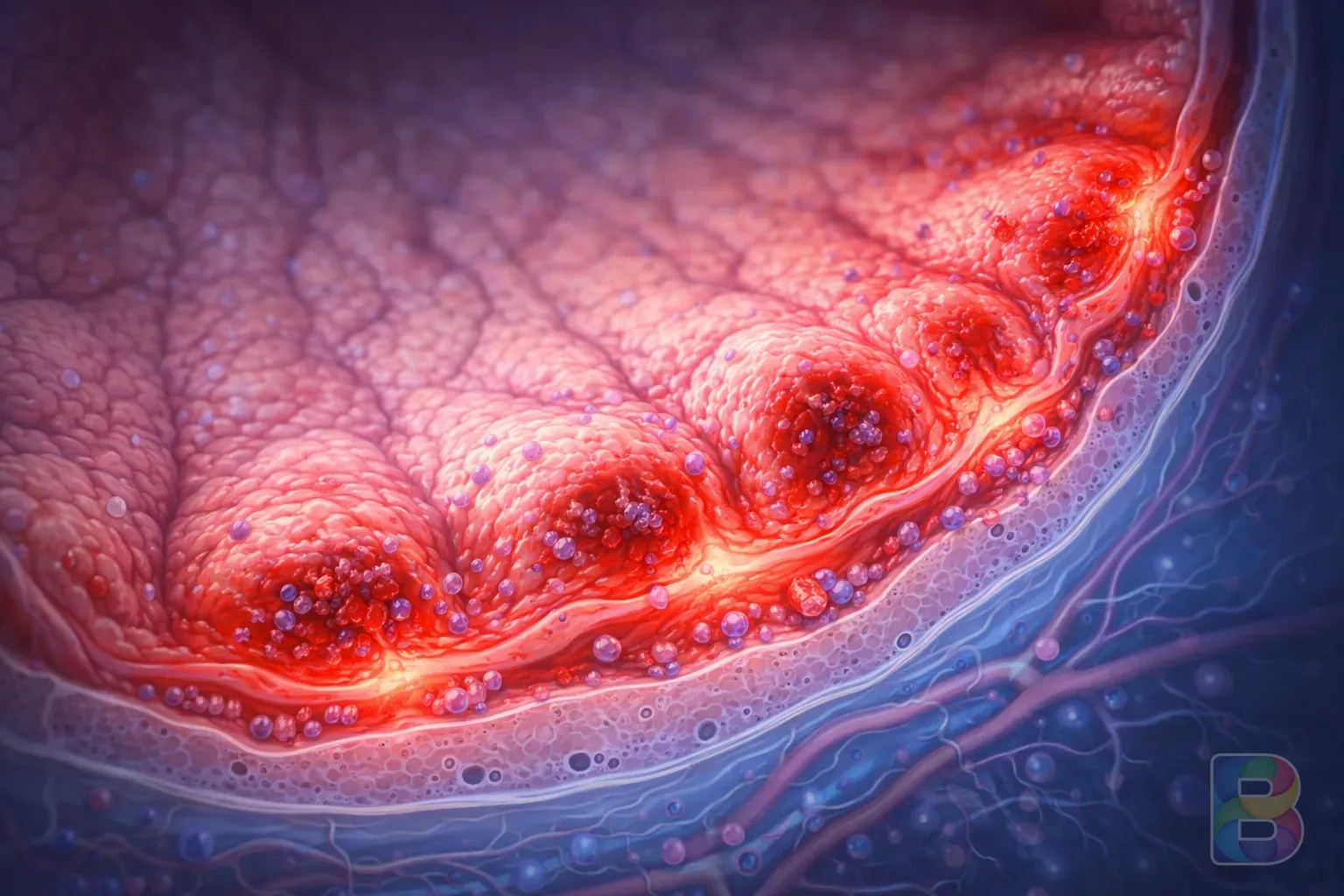 photorealistic, high-magnification medical illustration of a stomach lining showing mild inflammation, clean clinical style, soft blue and red lighting, 8k resolution