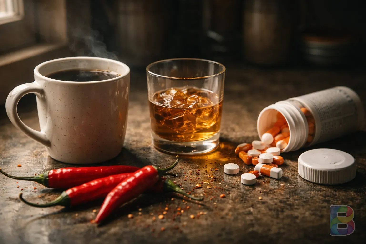 photorealistic, close-up of various triggers for gastritis like a cup of black coffee, spicy chili peppers, a glass of alcohol, and a bottle of painkillers on a kitchen counter, moody lighting