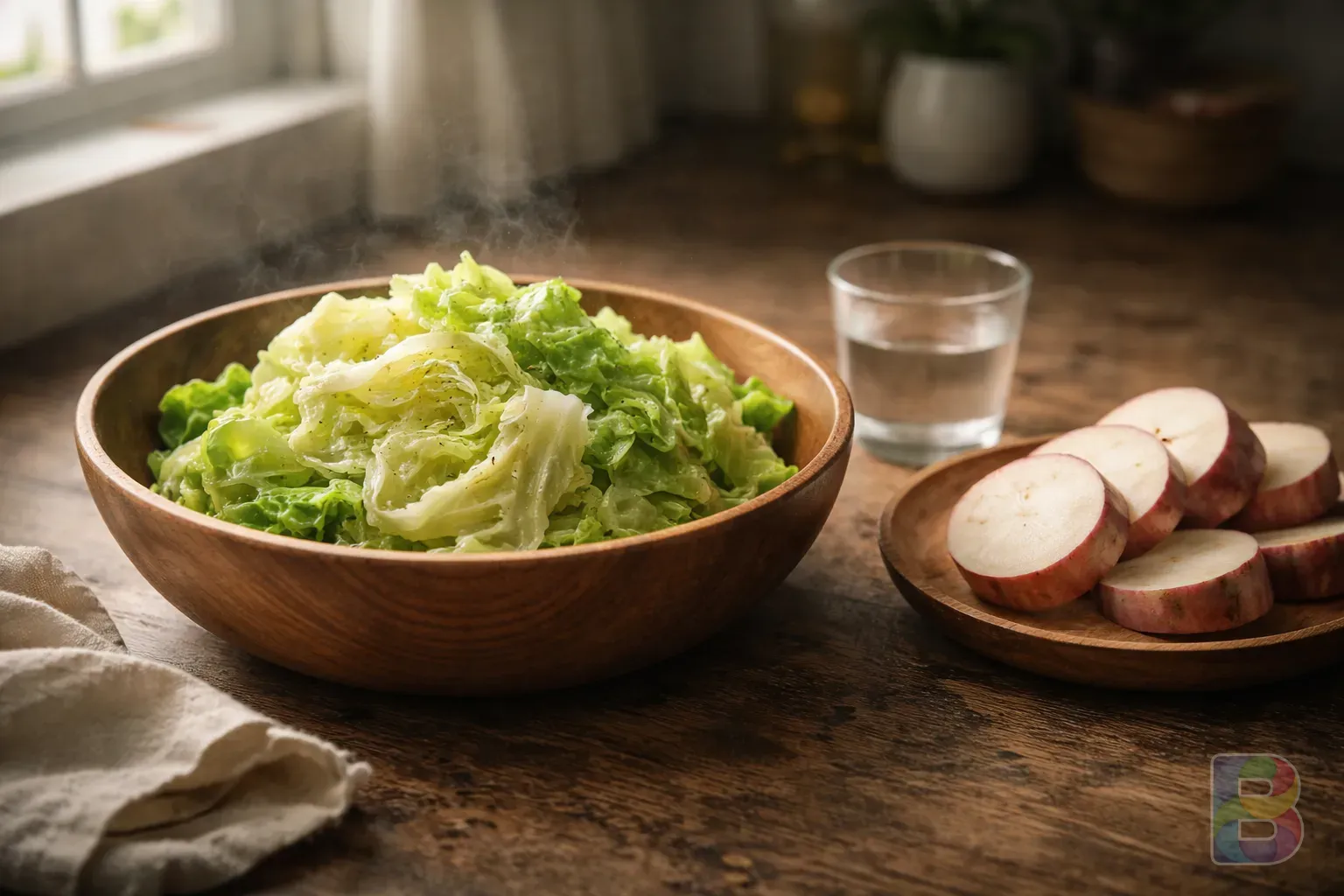photorealistic, a wooden bowl with fresh steamed cabbage, slices of raw yam, and a small glass of water, minimalist kitchen background, clean and healthy atmosphere, soft natural light