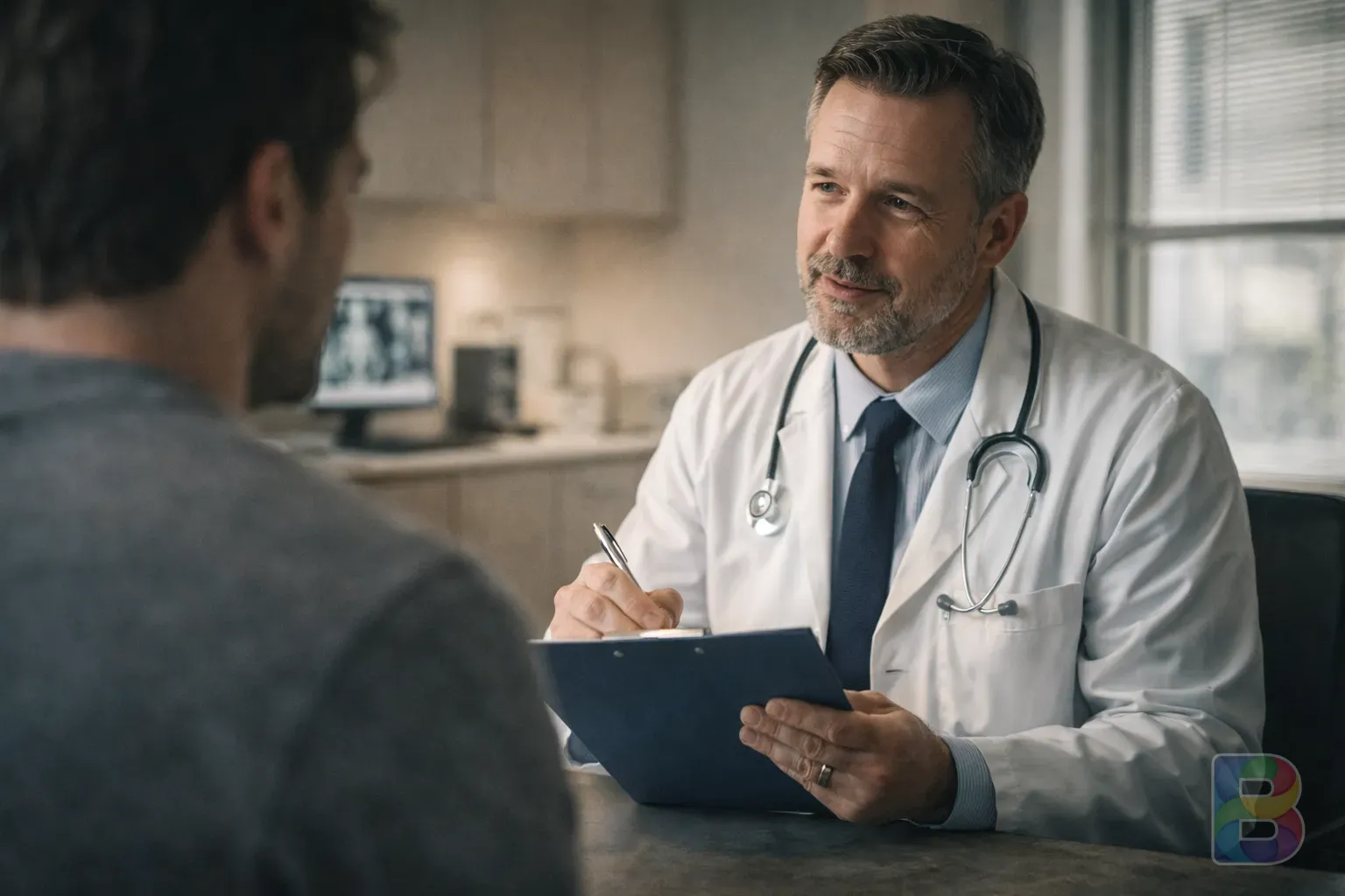 photorealistic, a professional doctor in a white coat holding a clipboard and talking to a patient, modern medical office, reassuring and professional atmosphere, cinematic lighting