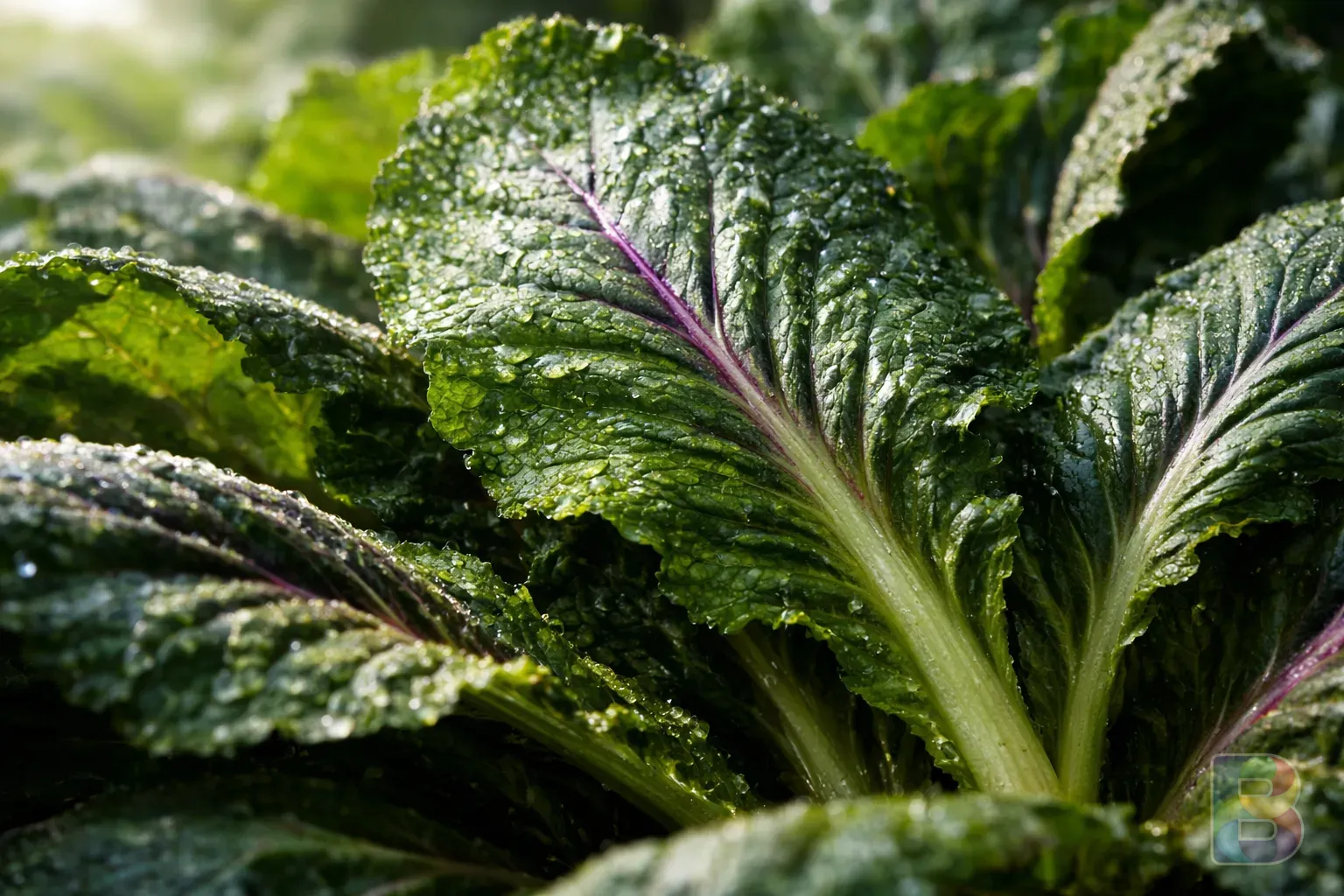 photorealistic, detail shot of fresh green mustard leaves with water droplets, vibrant texture, soft natural morning light, cinematic mood