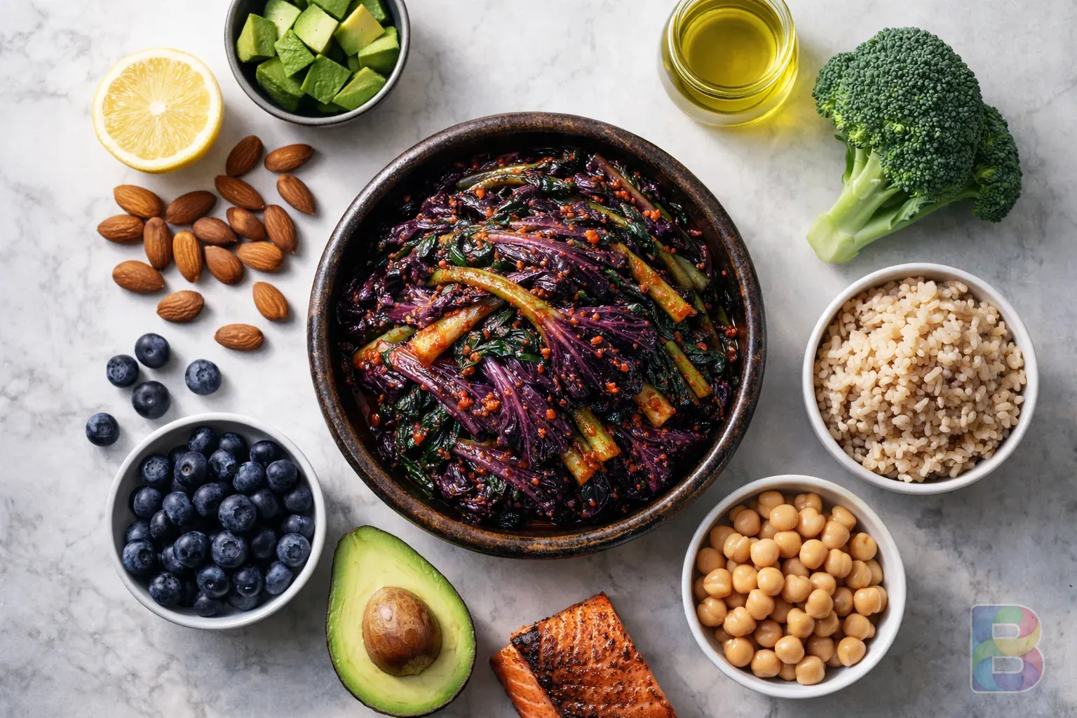 photorealistic, top down view of 7 different healthy food elements surrounding a bowl of Gat-kimchi, clean bright background, professional food styling