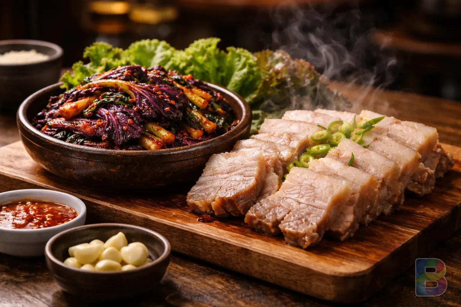 photorealistic, cinematic shot of Gat-kimchi served with boiled pork belly (bossam) on a wooden board, steam rising, warm inviting restaurant atmosphere