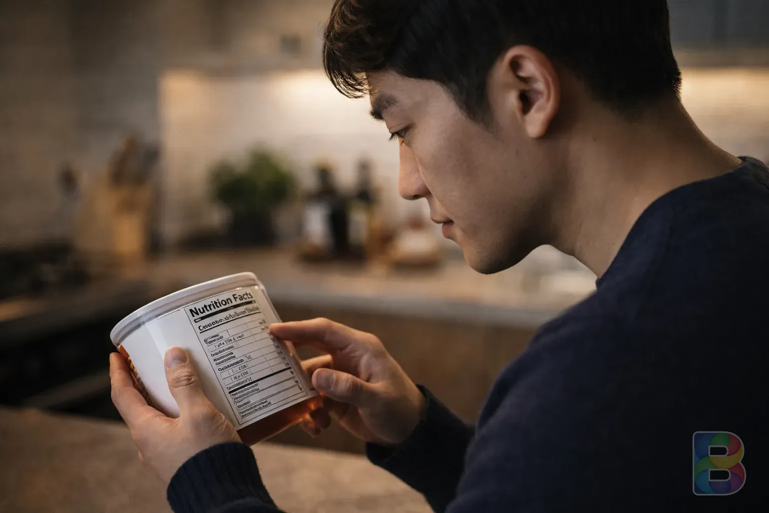 photorealistic, a person looking at a nutrition label on a food container, focused expression, modern kitchen background, soft lighting