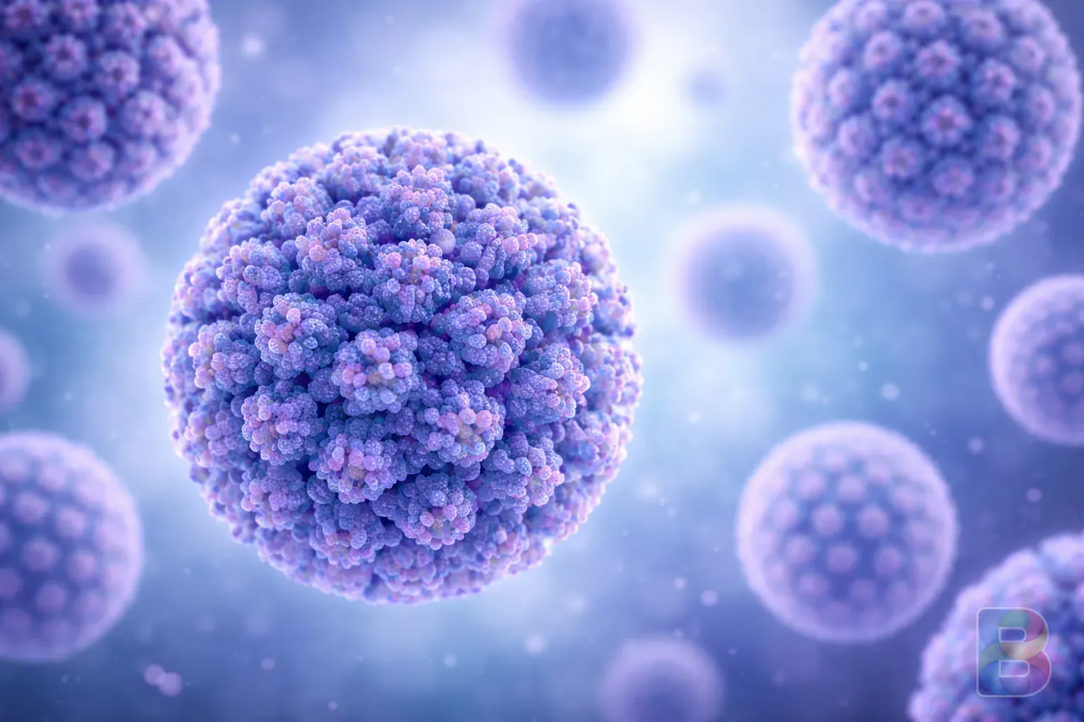 photorealistic, microscopic view of human papillomavirus (HPV) particles, scientific visualization, clean medical background, blue and purple tones, high detail