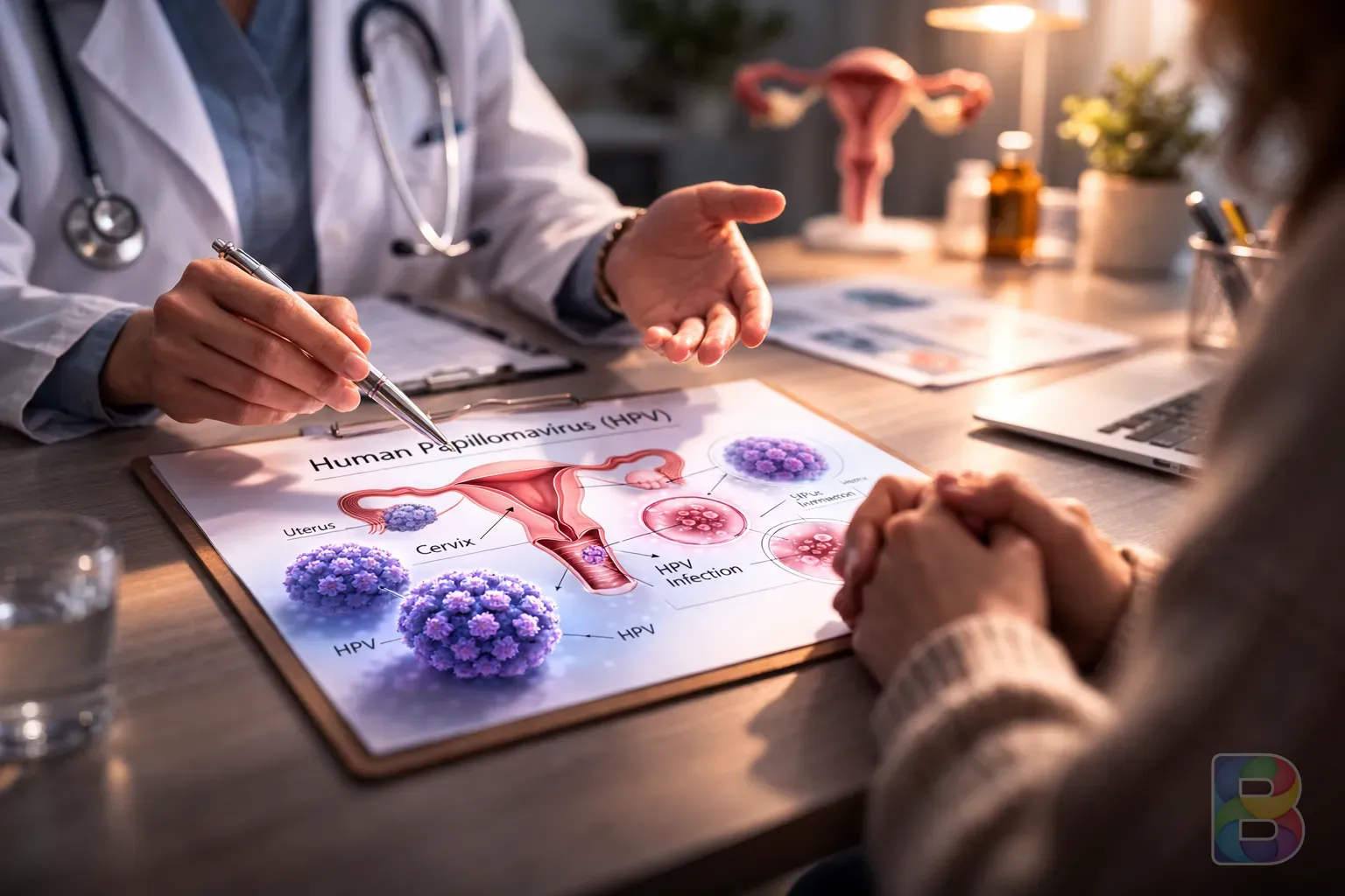 photorealistic, detail shot of a medical professional explaining a diagram to a patient, soft focus, professional and reassuring environment, cinematic lighting