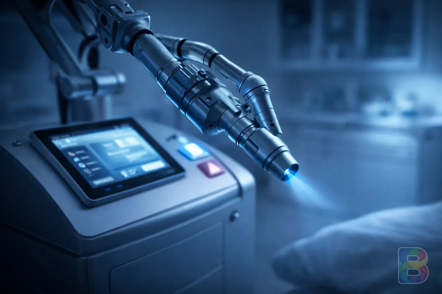 photorealistic, close-up of a laser medical device used for dermatology, clean clinical environment, high tech, blue light highlights