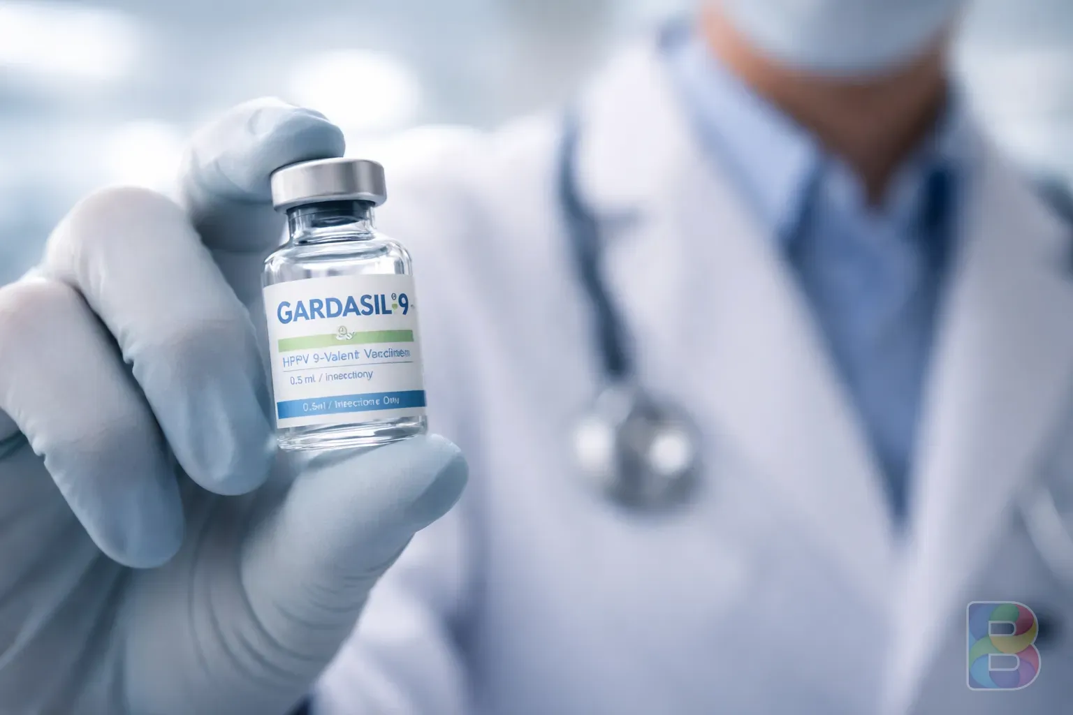 photorealistic, doctor holding a vaccination vial of Gardasil 9, focus on the label, clinical background, professional lighting