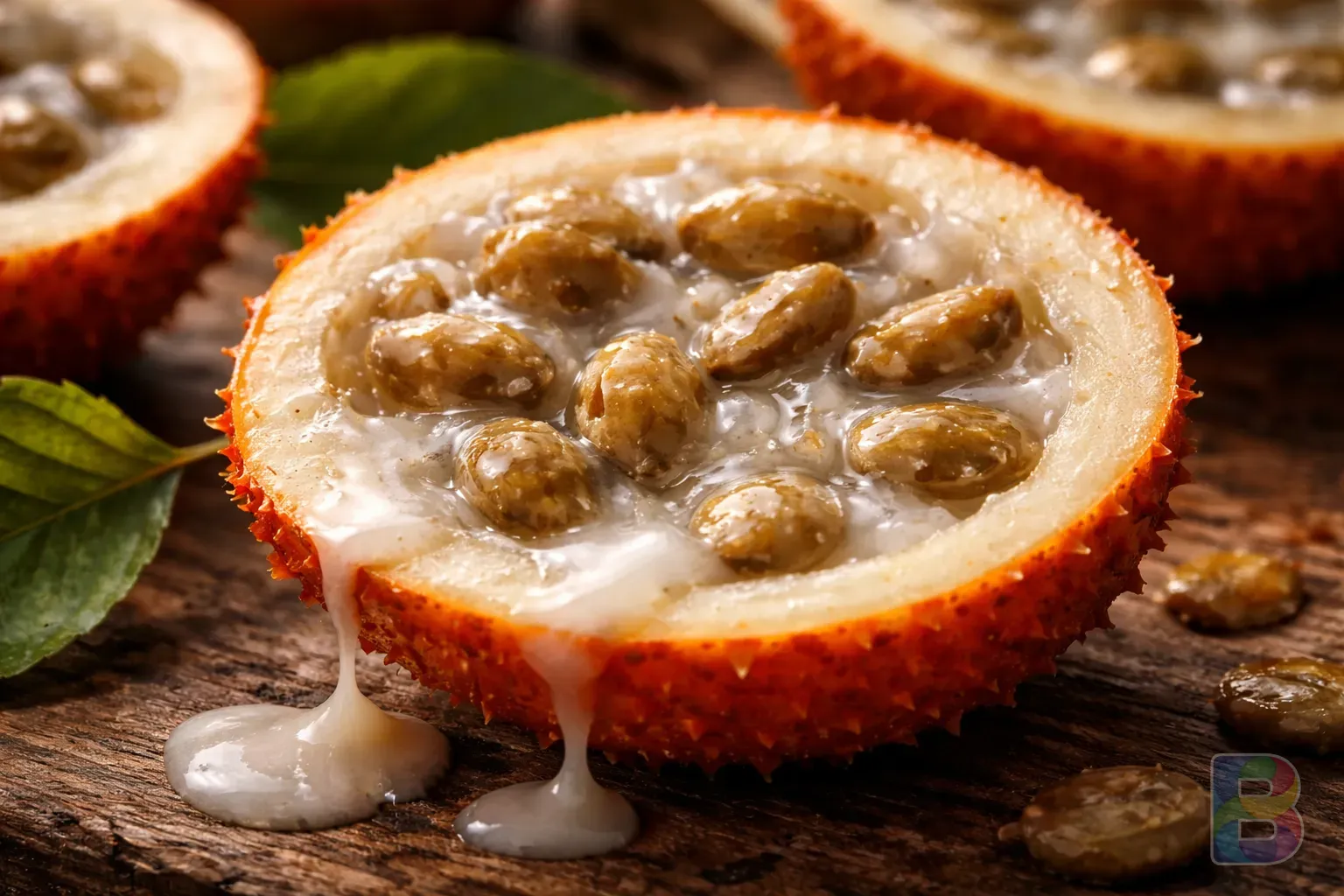 photorealistic, detail shot of sliced ggu-ji-ppong fruit showing the milky sap and seeds, high detail, natural lighting, moody background