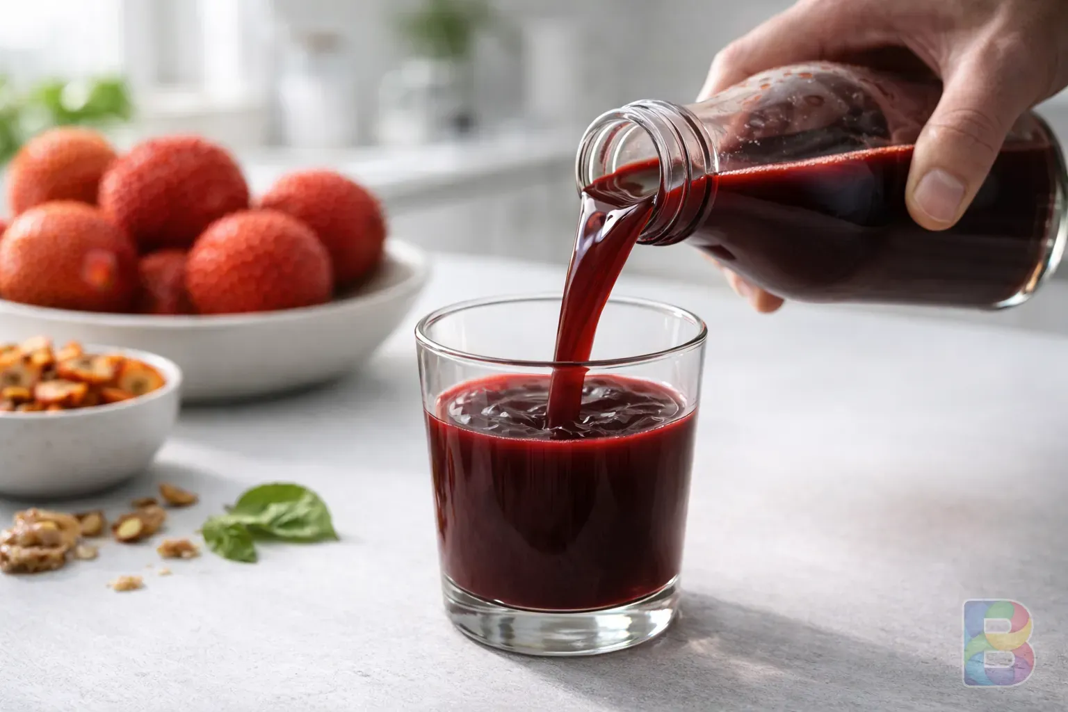 photorealistic, a person pouring red ggu-ji-ppong juice into a clear glass, vibrant fruit in the background, clean kitchen setting, bright airy mood