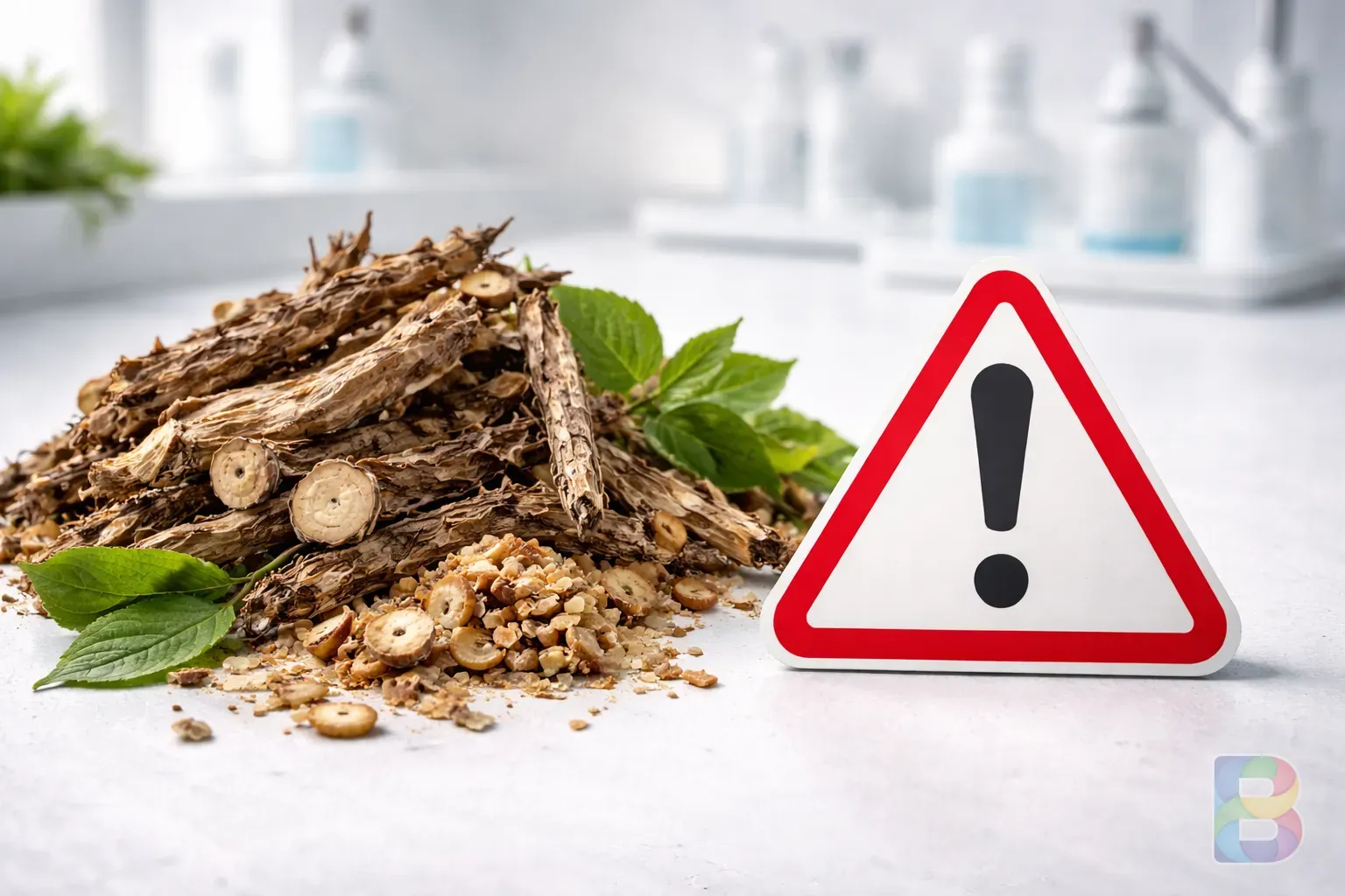 photorealistic, a close-up of a warning sign or a caution symbol next to a pile of herbs, clinical lighting, focus on safety and precision