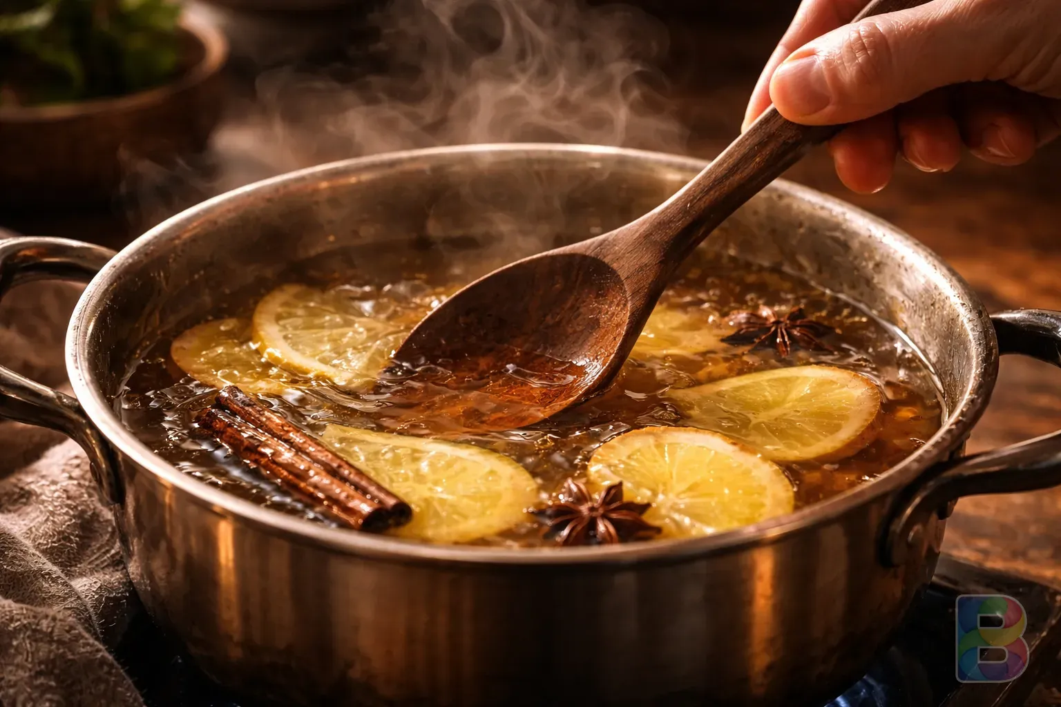 photorealistic, detail shot of a hand stirring a wooden spoon in a rustic pot of simmering ginger tea, soft steam, warm kitchen atmosphere, cinematic lighting