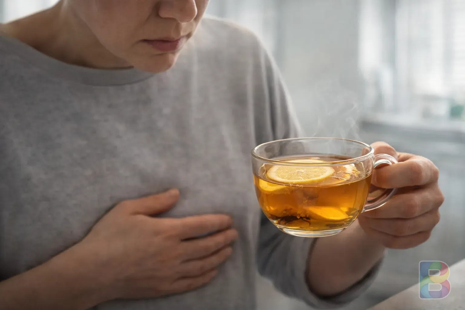photorealistic, close-up of a person with a sensitive stomach looking at a cup of ginger tea with hesitation, soft focus background, clean clinical interior light