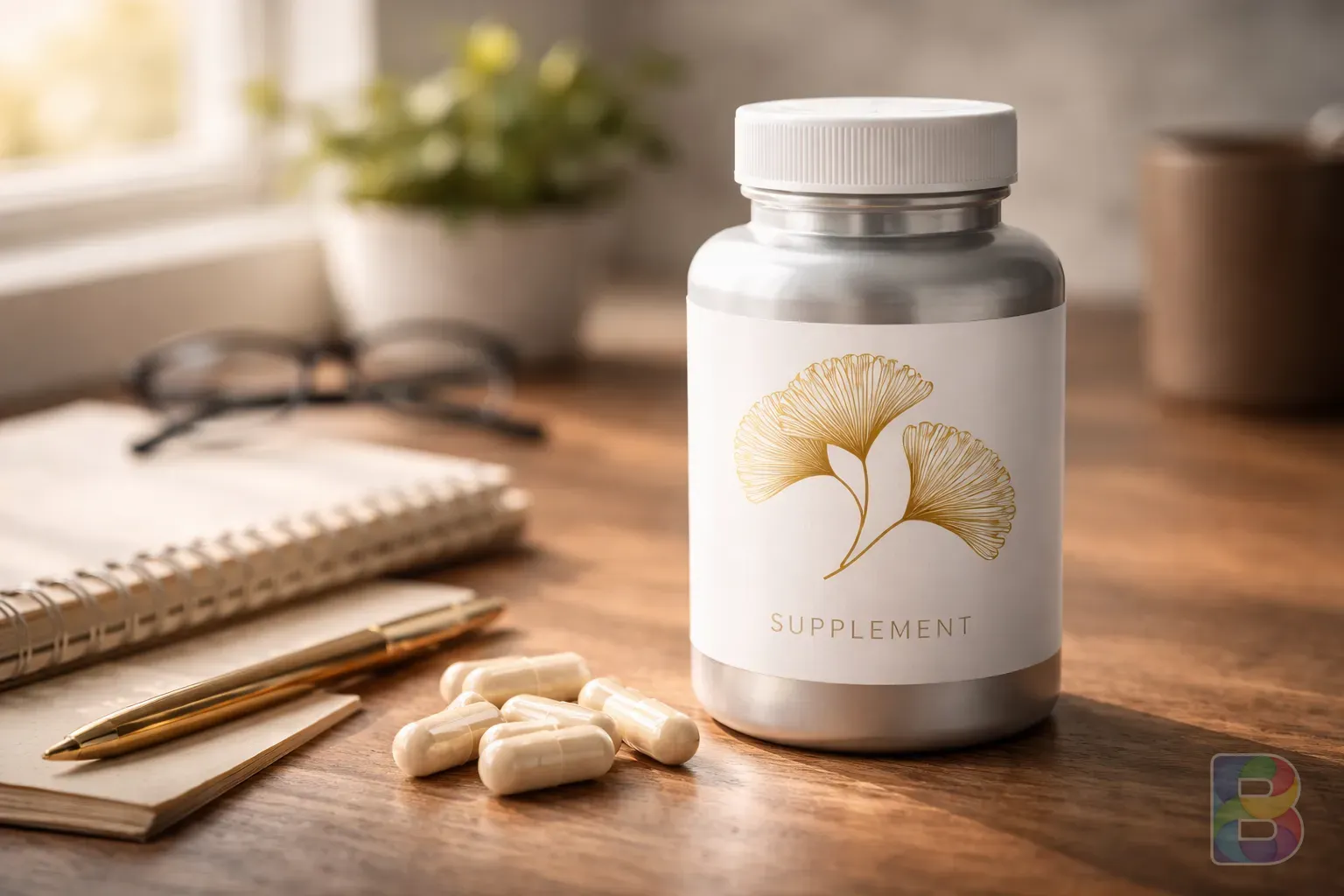 photorealistic, detail shot of a silver supplement bottle with ginkgo leaf illustration on a wooden desk, soft natural light, cinematic mood, high detail