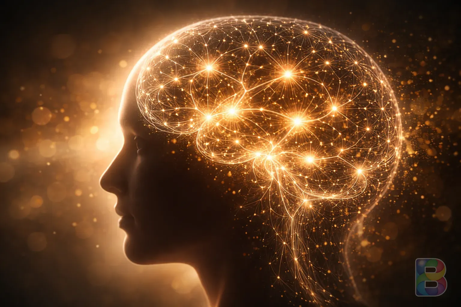 photorealistic, conceptual image of neural pathways glowing within a human brain silhouette, golden light particles, cinematic lighting, sophisticated medical visualization