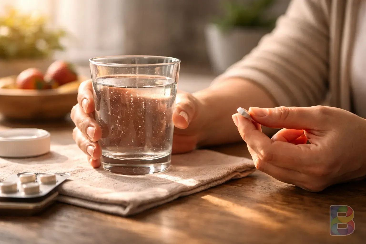 photorealistic, a person’s hands holding a glass of water and a small tablet, morning sunlight hitting the table, calm atmosphere, sensory detail