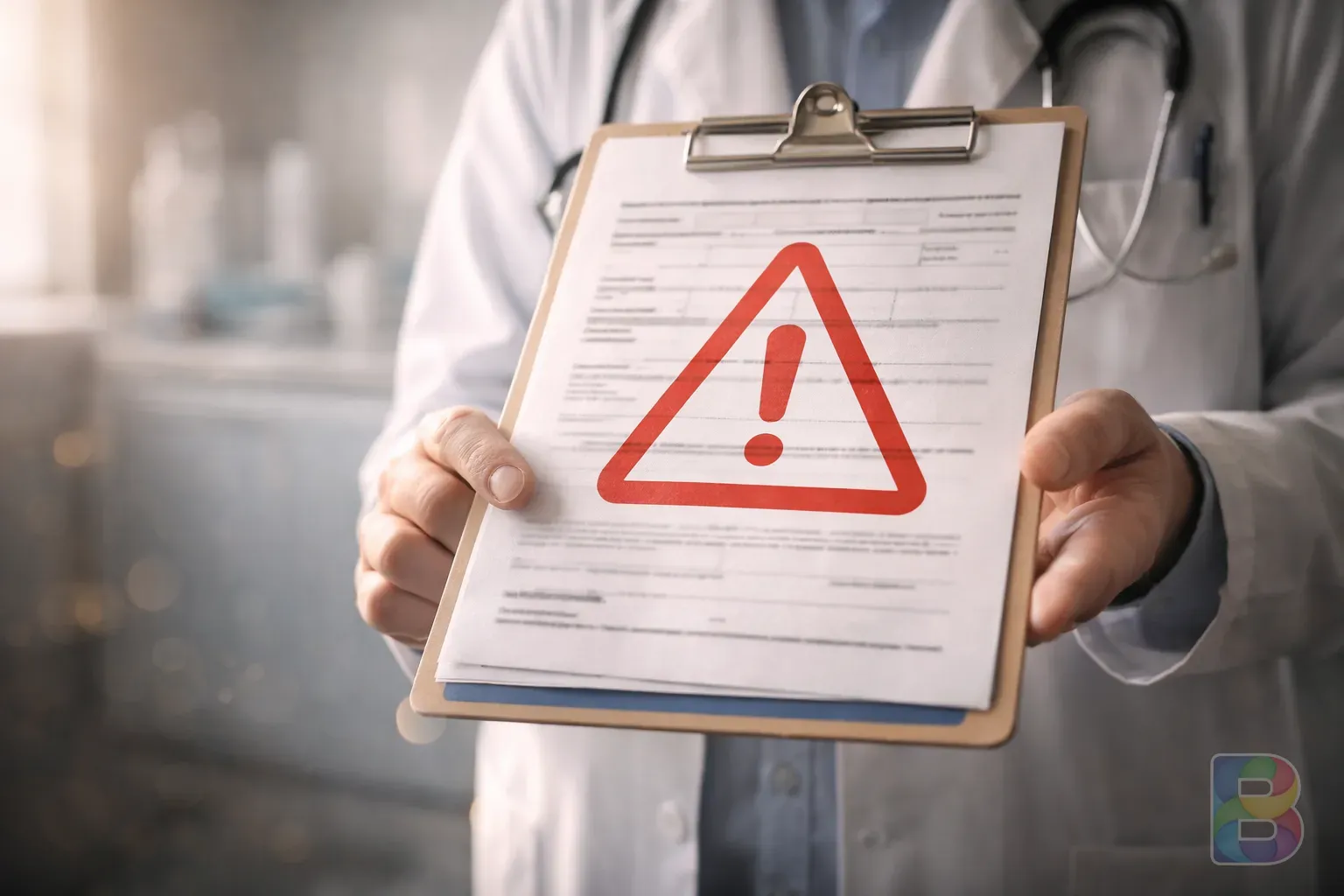 photorealistic, doctor holding a medical chart with a red warning sign icon, clinical setting, focus on safety and caution, cinematic lighting