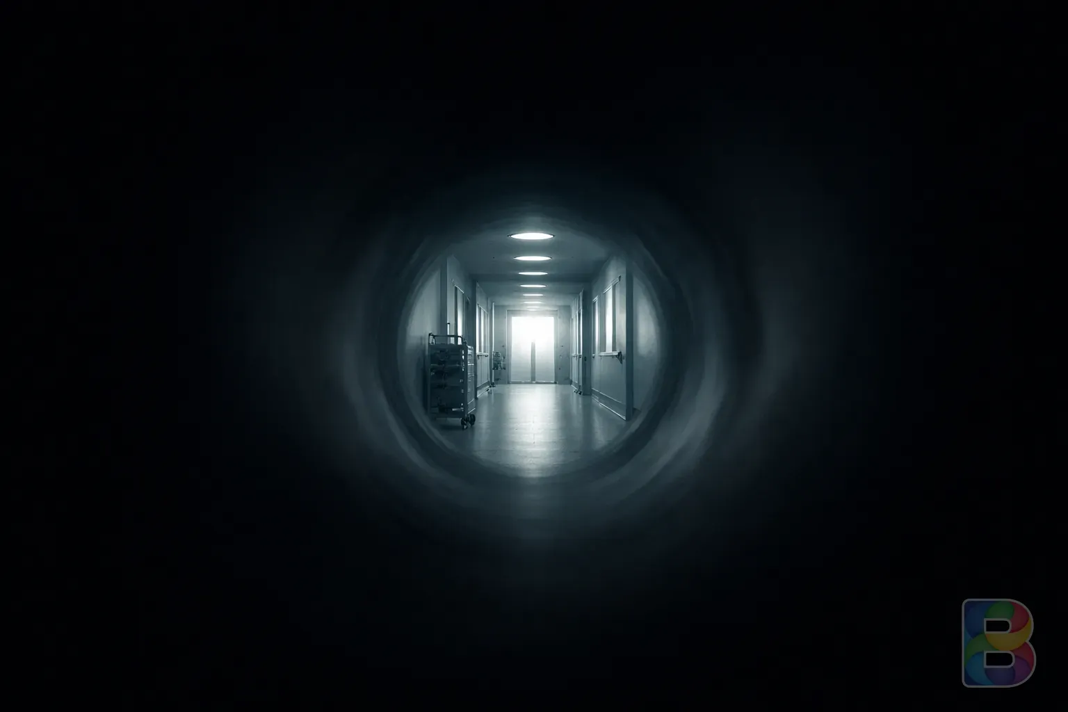 photorealistic, conceptual illustration of a narrowing vision tunnel, dark edges with a clear center, cinematic lighting, moody and focused